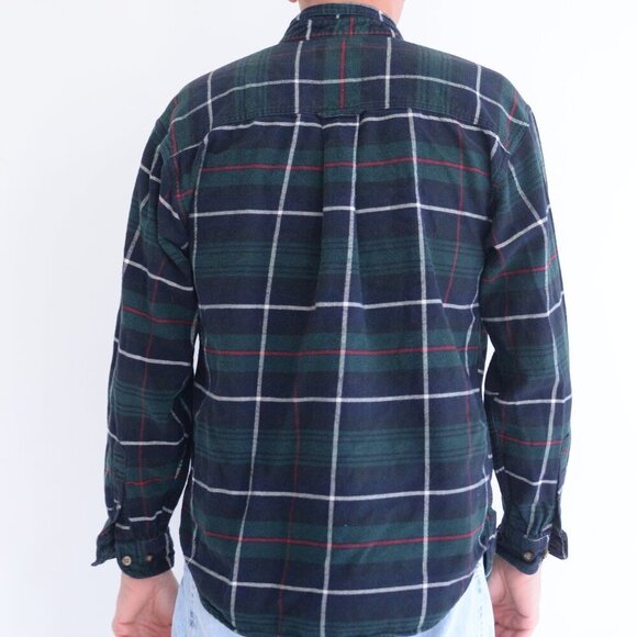 Vintage Eddie Bauer Green Navy Tartan Pattern Bainbridge Flannel Button Up Shirt - Picture 2 of 11